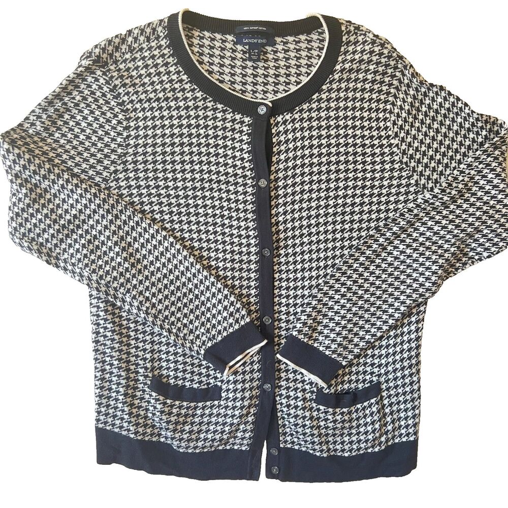 Lands' End Womens Cardigan Sweater L petite Supima Cotton Houndstooth Navy